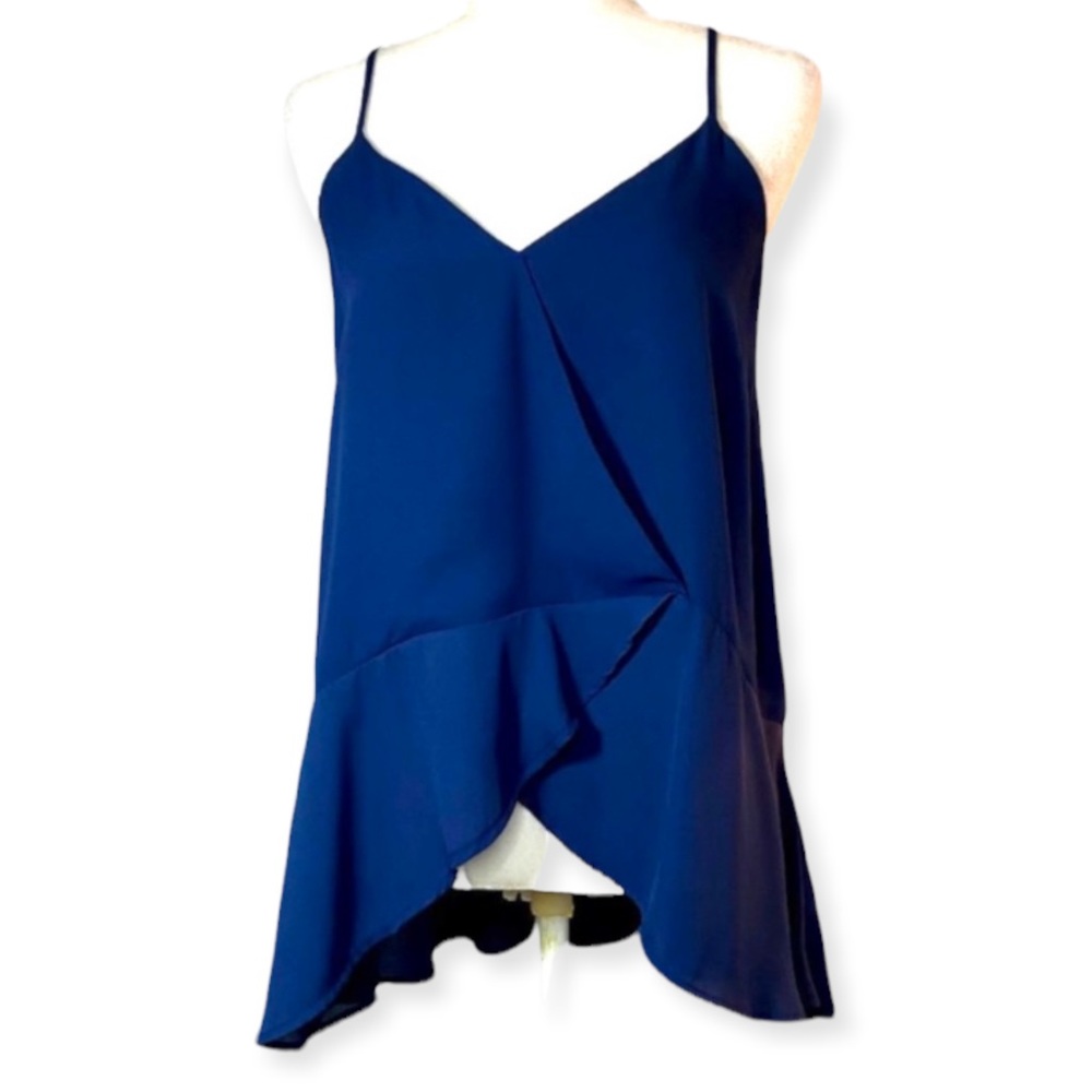 Alya Deep Blue Wrap Style Spaghetti Strap V-neck Ruffled Cami Top Size Medium